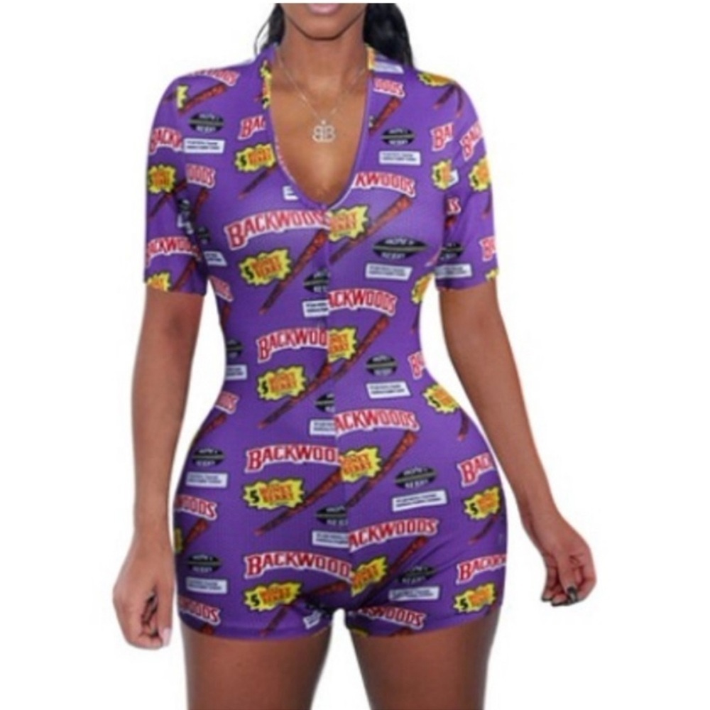BACKWOODS Cigar Blunt Wrappwr Purple Graphic Print Romper Large
